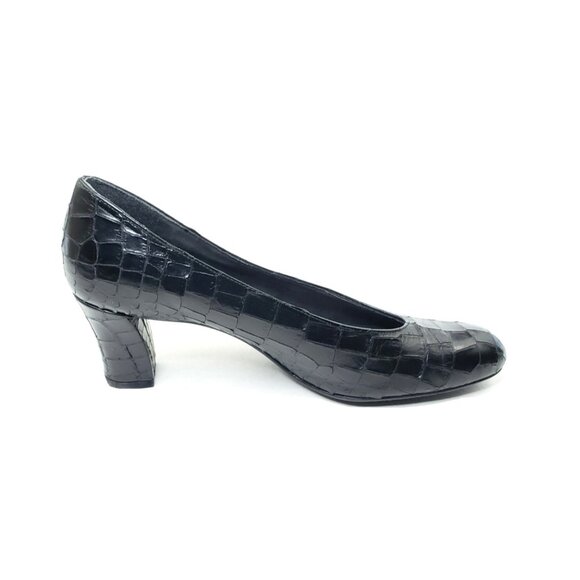Stuart Weitzman Womens Block Heel Pumps Croc Embossed Black Leather Size 7 - Picture 2 of 10